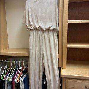Cream Pleated Short-Sleeve Wide-Leg Jumpsuit